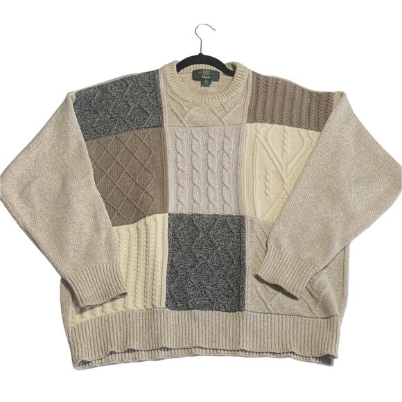 Vtg Orvis Dad Fisherman Sweater Cable Knit Color Block Crew Pullover Cotton XL - Picture 1 of 11